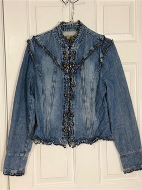 Y2K Western Star Jeans Denim Ruffle-Trim Jacket - Blue
